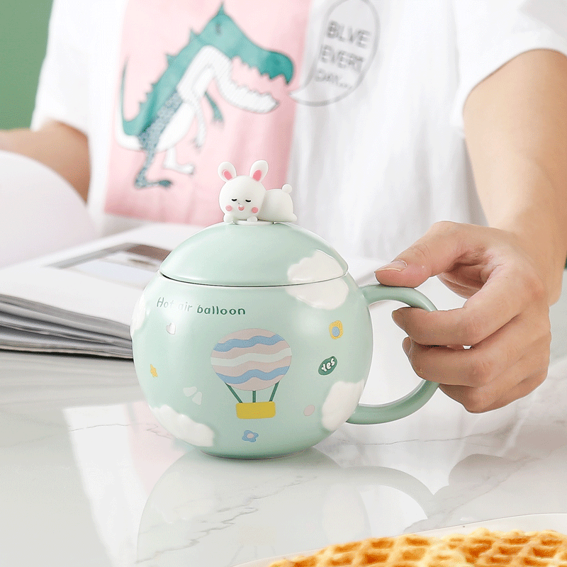 Cartoon Creative Bunny Ceramic Cup Cute Girl Couple Water Cup Coffee Cup with Lid Practical Gift Mug