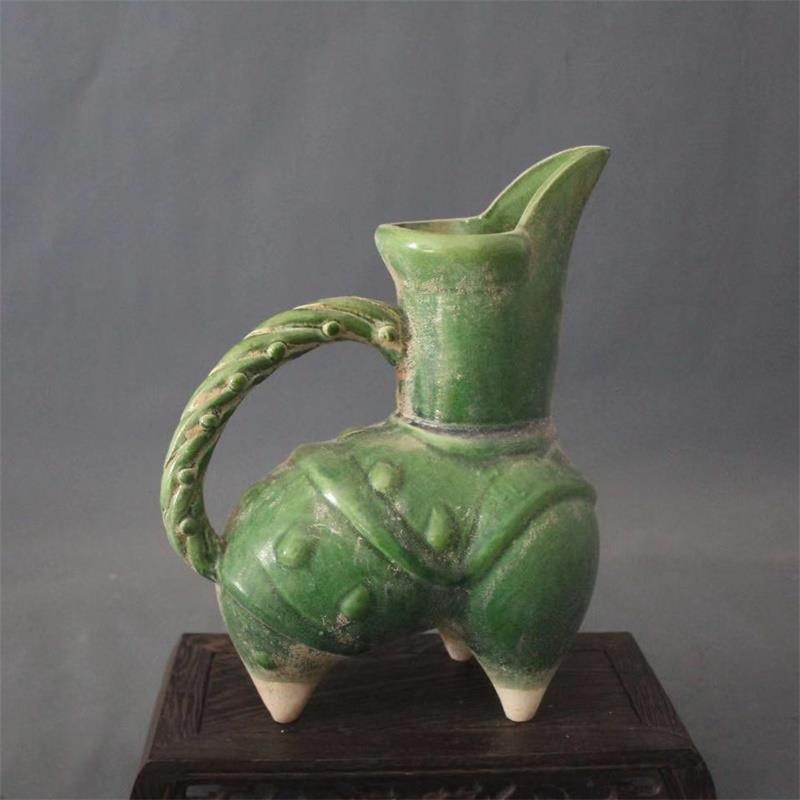 景德镇仿古陶瓷唐三彩绿釉三足夜壶执壶酒杯家居装饰展柜古玩摆件