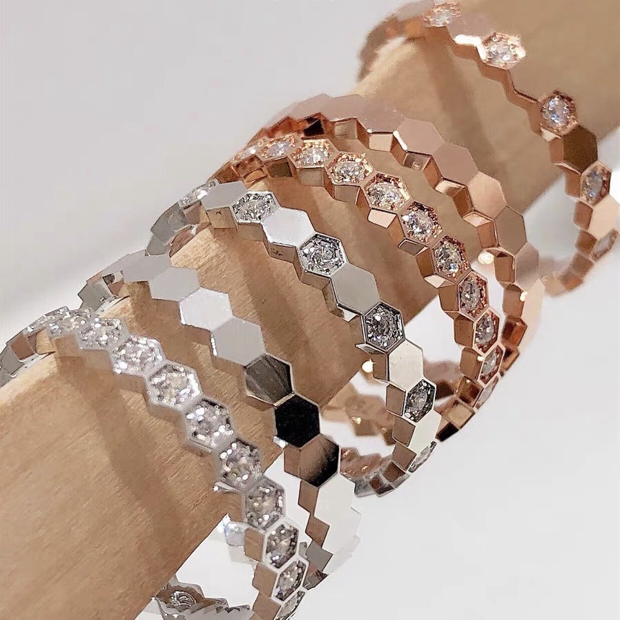 尚美蜂巢戒指cnc菱格形镶钻叠戴一克拉六爪钻石对戒女银镀18k金款