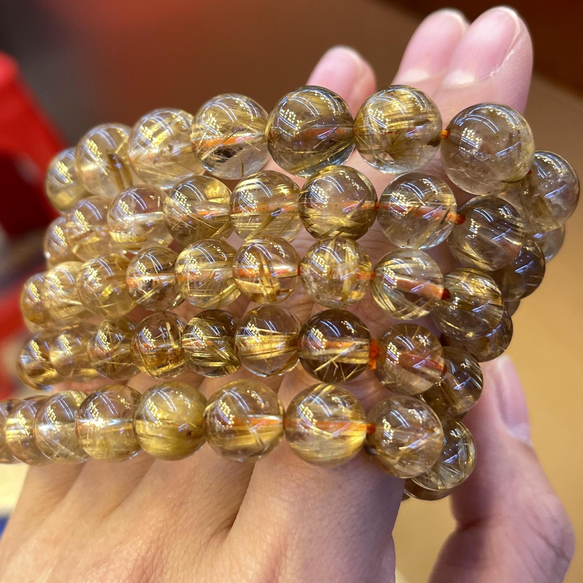 天然发晶手链男士钛金手串女款黄发晶功能能量水晶圆珠串中高等级