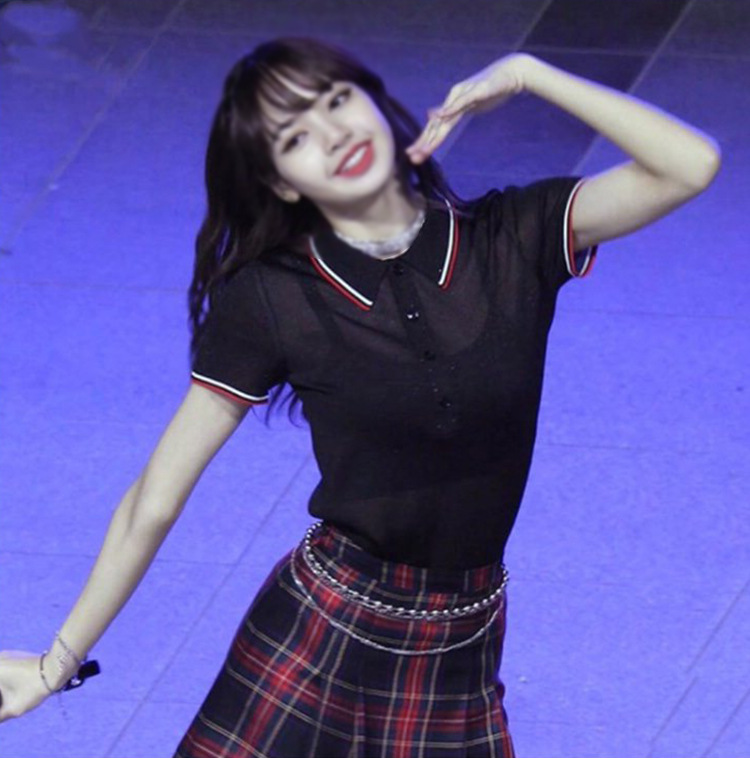 明星lisa同款翻领polo衫薄款t恤格子半身裙裤百褶短裙女夏套装潮