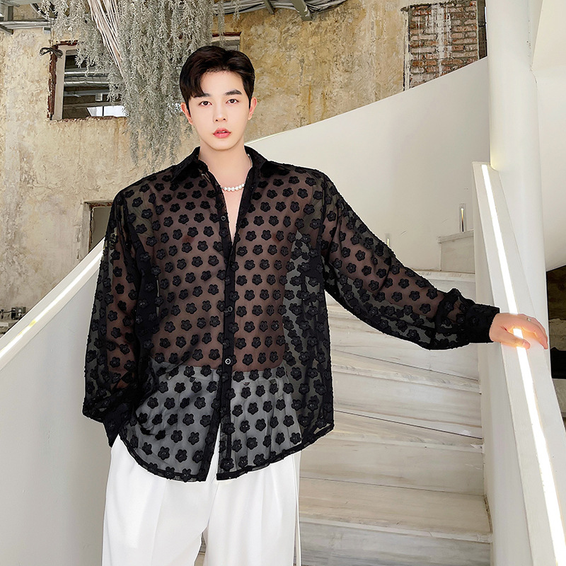 时髦感半透明提花雪纺衬衫男长袖微透视网纱衬衣防晒衣薄外套上衣
