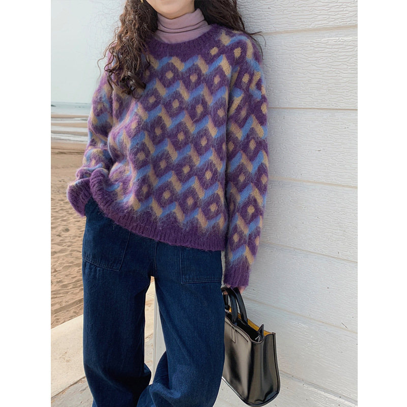 古着vintage时尚毛衣套头撞色菱格纹针织衫女秋冬新款外穿女装