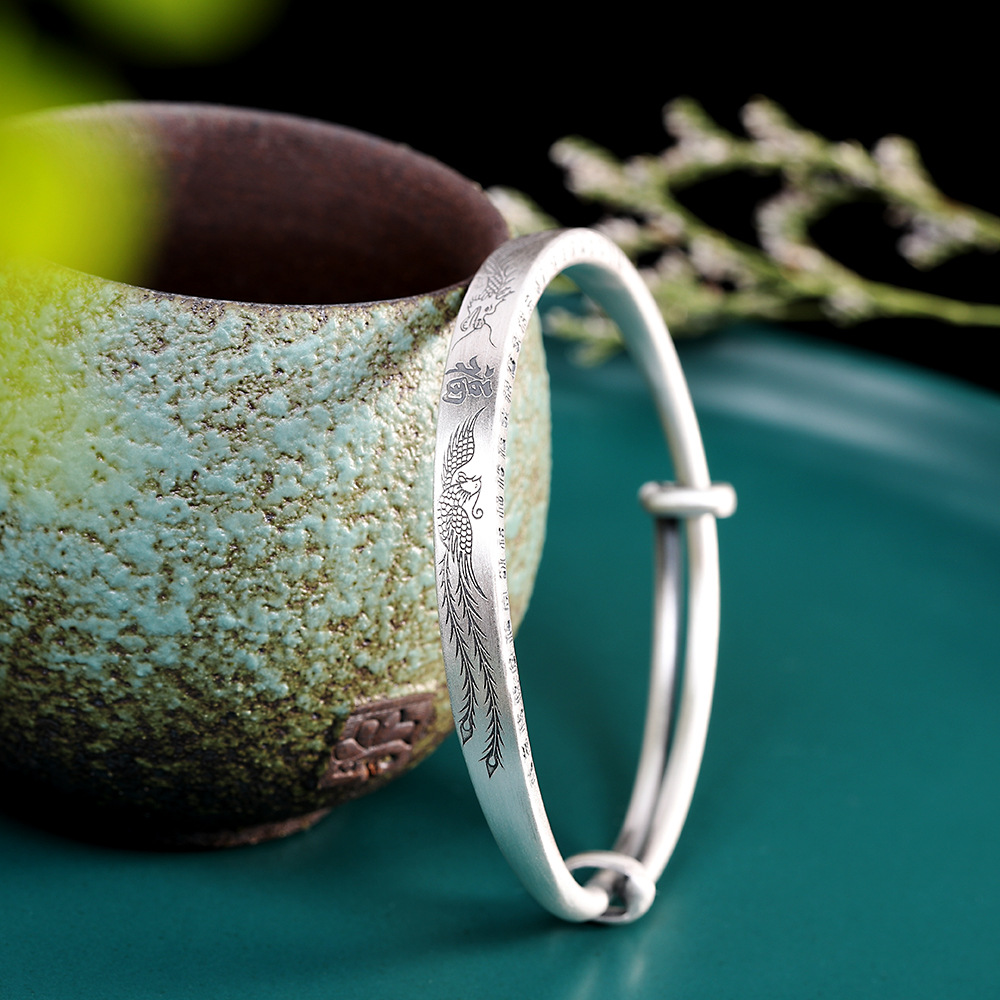 人品银品s999银雕刻龙凤呈祥手镯时尚复古女式百福手镯源头厂货