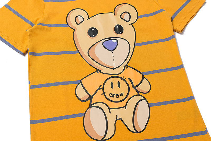 2021新款比伯卡通泰迪熊drew图案条纹短袖潮男女圆领休闲t恤棉短t