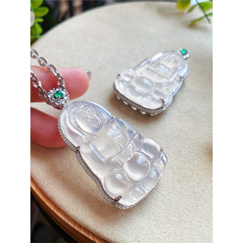 珠宝天然白冰种翡翠经典款观音菩萨吊坠项链s925银-阿里巴巴