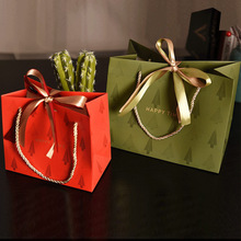 现货圣诞树礼袋圣诞节礼品包装袋橙色绿色ins轻奢风纸袋送丝带