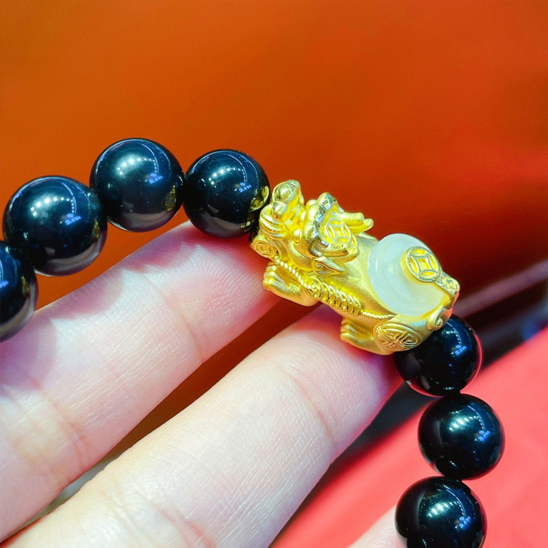 999足金貔貅手链男黄金镶玉情侣手串3d硬金时来运转招财生日送礼