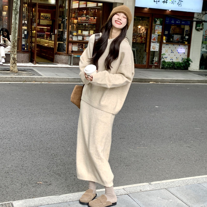 时尚休闲针织套装女秋冬新款韩版宽松慵懒风软糯卫衣半身裙两件套