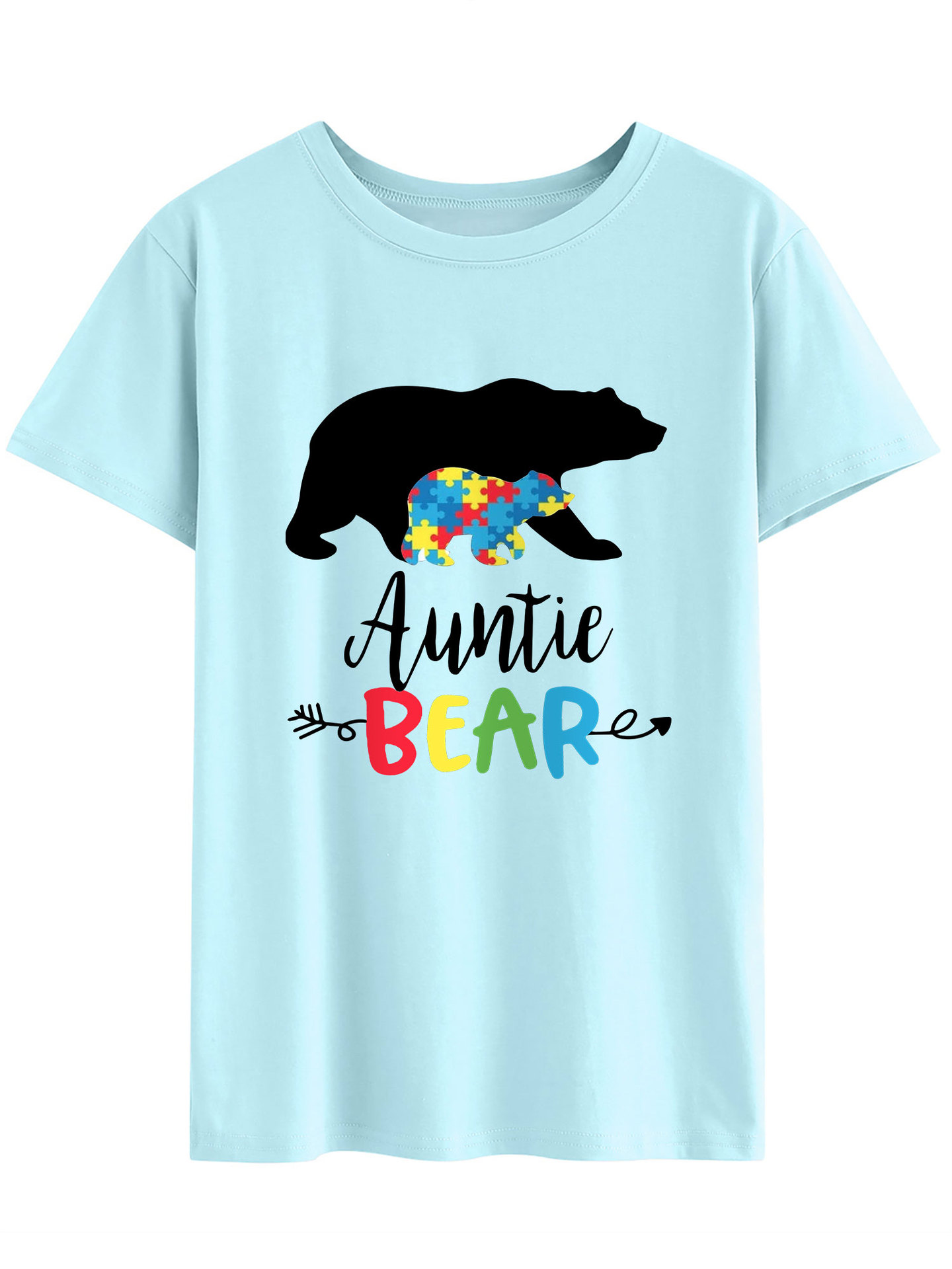 欧美女士auntie bear彩色拼图熊图案上衣印花短袖t恤休闲打底衫