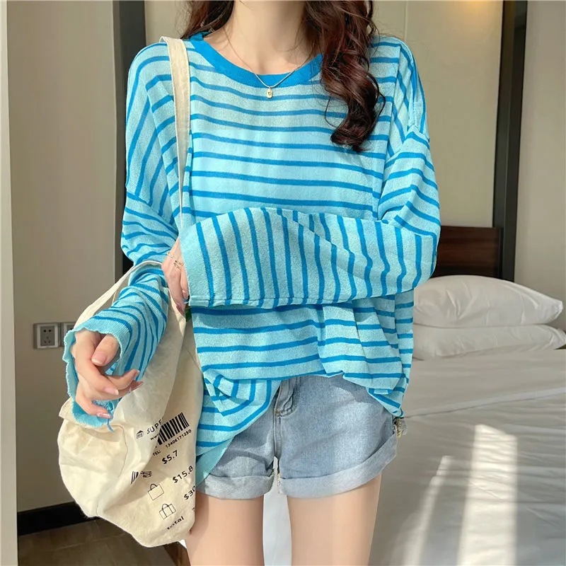 Early Autumn Striped Loose-Fitting Thin Long Sleeve Women's Sun Protection Ice Silk All-Match Top Women's Casual Lazy White Fruit T-shirt Women