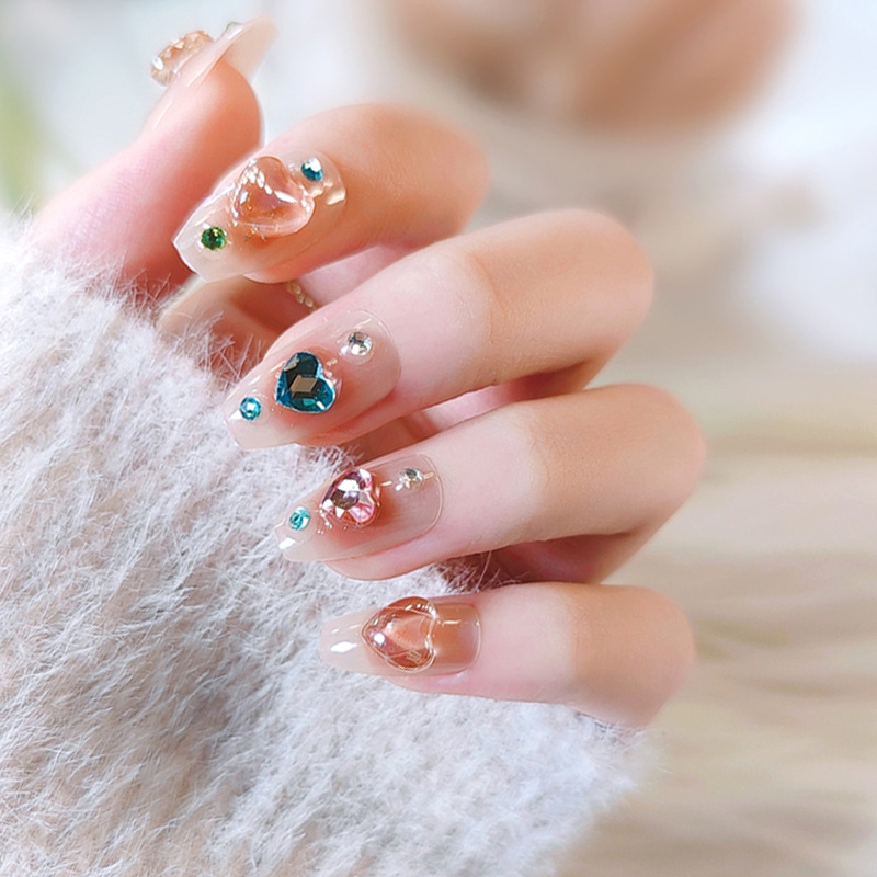 夏季甜美风腮红美甲糖果爱心彩钻可爱指甲可拆卸成品穿戴甲假指甲