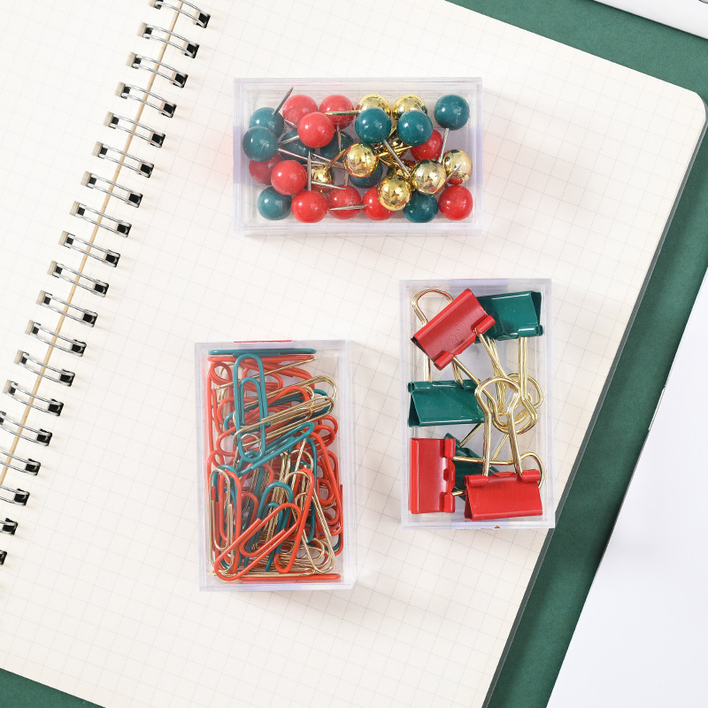 Amazon Christmas Small Square Box Office Binding Stationery Gift Ins Style Red Green Gold Clip Ticket Holder Pushpin