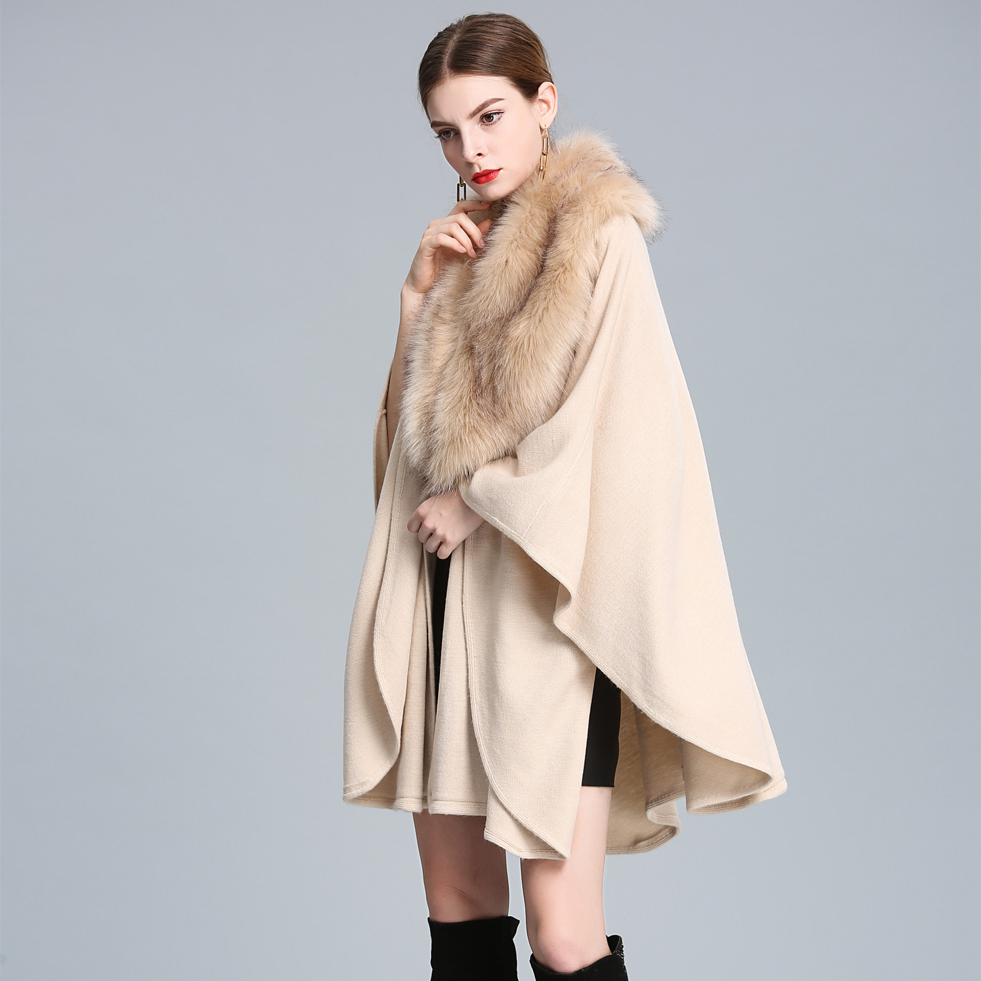 556# Autumn and Winter New Imitation Fox Fur Collar Shawl Cape Mid-Length Big Fur Collar Shawl Oversized Knitted Cardigan