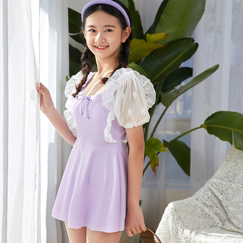 可爱韩国儿童泳衣女童可爱小清新泡泡袖学生中大童裙式连体泳装