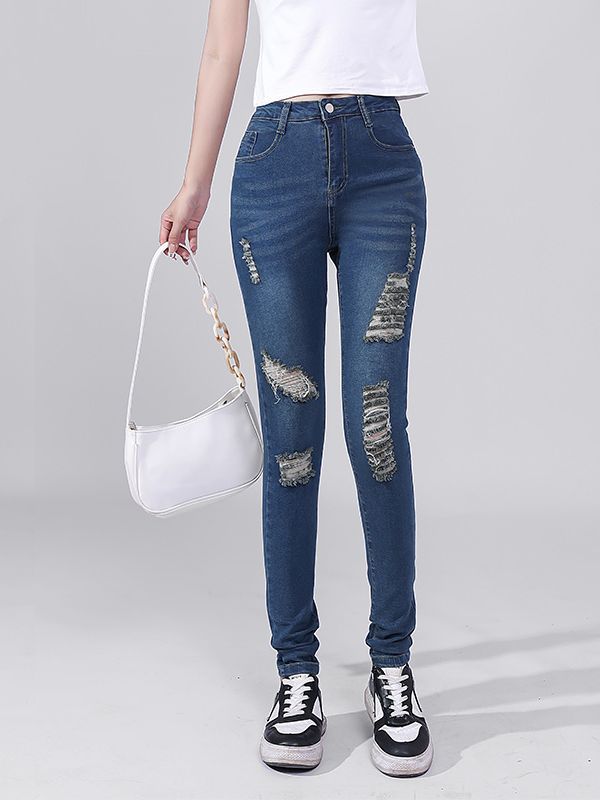 Europe and America Cross Border New Jeans Wholesale Quality Stretch High Waist Retro Blue Washed Ripped Skinny Jeans for Women
