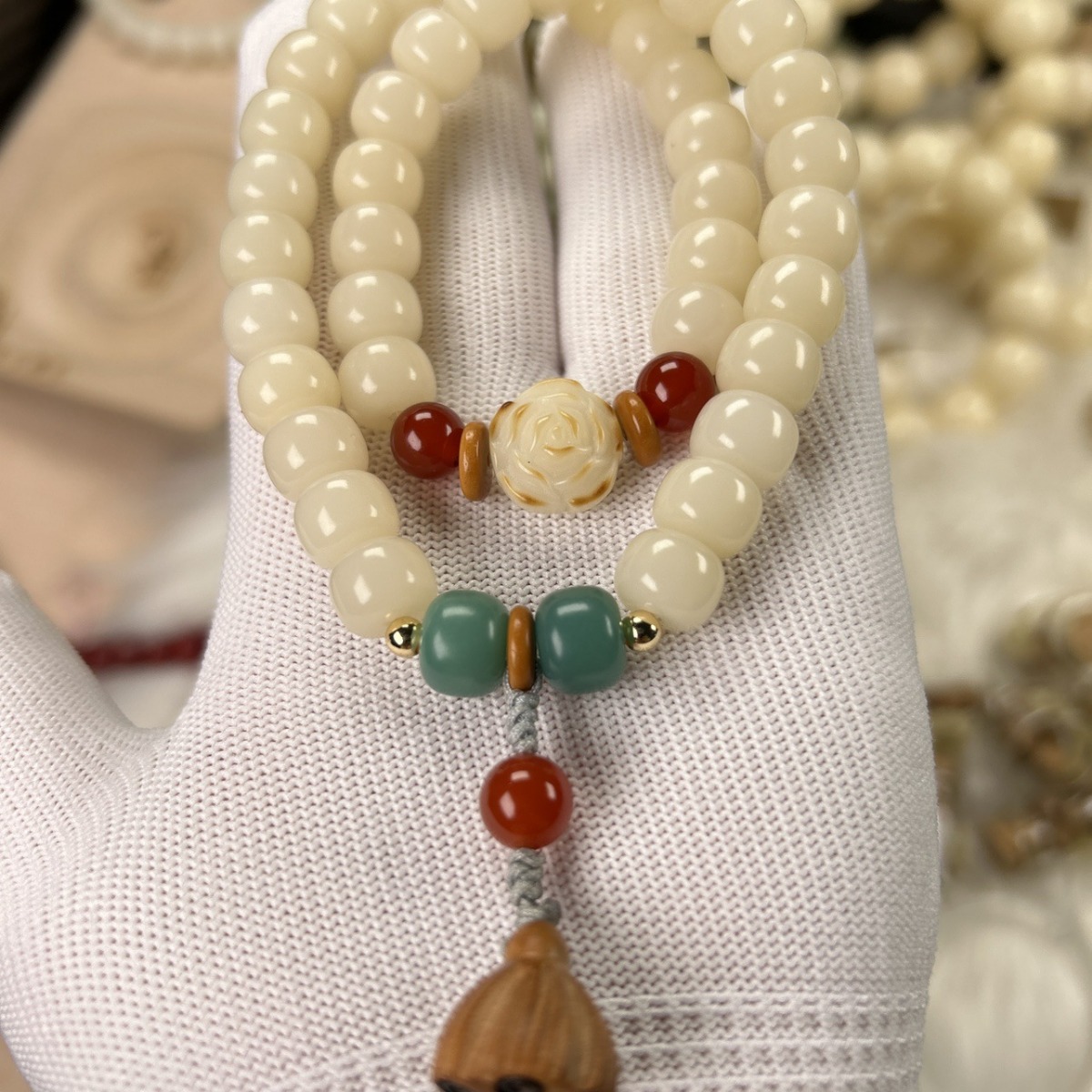 羊脂色白玉菩提根双圈手链女盘玩菩提子手串炭烧茶花配饰闺蜜礼品