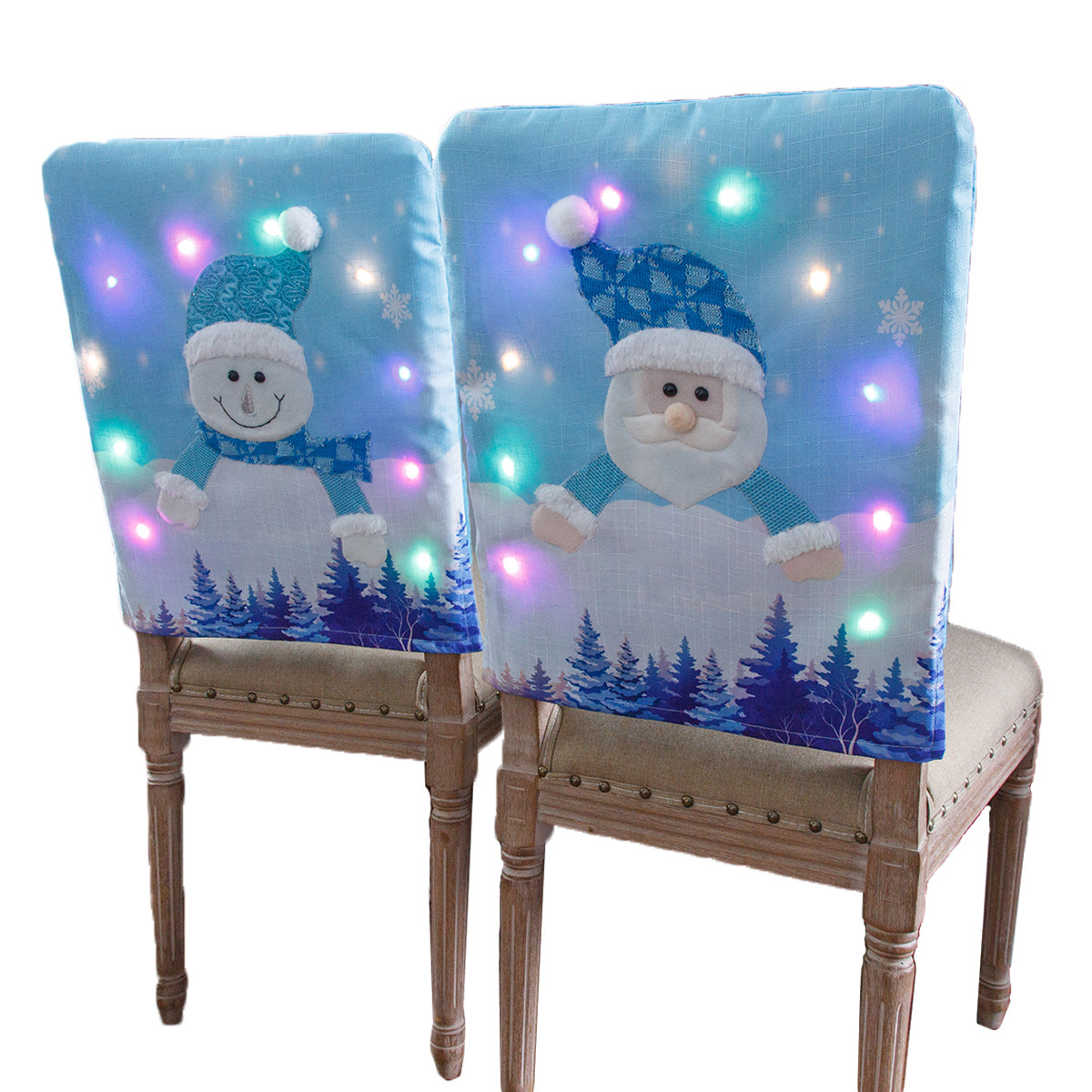 New Christmas Chair Cover with Lights Blue Elderly Snowman Luminous Home Hotel Restaurant Chair Back Cover Decoration