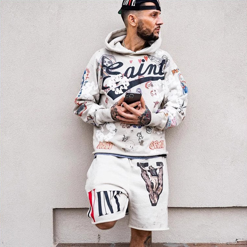 美式潮牌男装 kanye 侃爷木棉花涂鸦宽松加绒连帽卫衣帽衫 hoodie