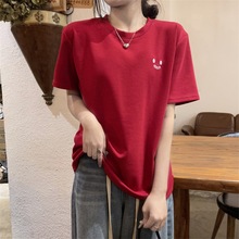 实价实拍短袖T恤女2024年新款设计感红色洋气时尚潮ins打底衫