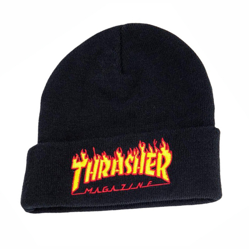 Cross-Border Flame Thrasher Letter Embroidery Knitted Hat Men's and Women's Autumn and Winter Outdoor Keep Warm Sleeve Cap Woolen Cap