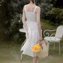 新款复古文艺高品质抽褶吊带3层白色抗皱棉连衣裙夏季女新款