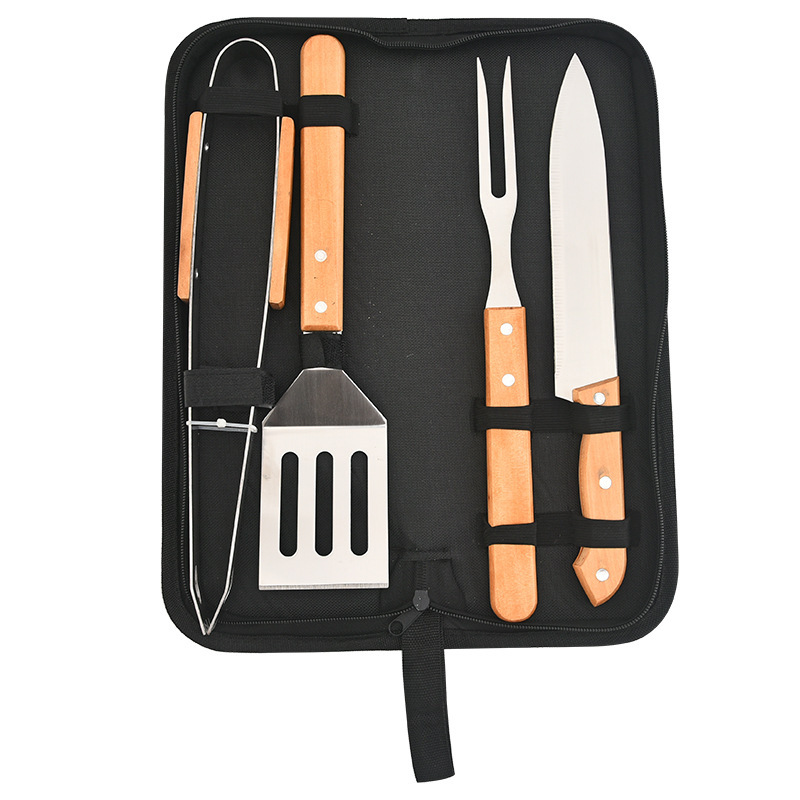 Portable Woven Handbag Stainless Steel with Wooden Handle Barbecue Suit Wholesale BBQ Four-Piece Set Outdoor Barbecue Tools