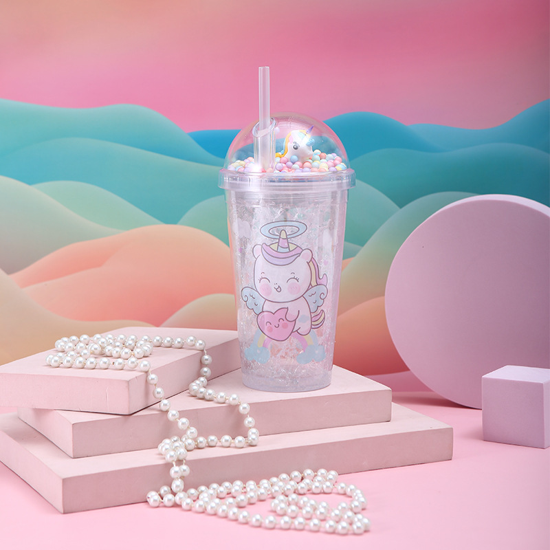 New Cute Unicorn Translucent Cup with Straw Double-Layer Portable Plastic Cup Cute Cartoon Teenage Girl Crushed Ice Cup