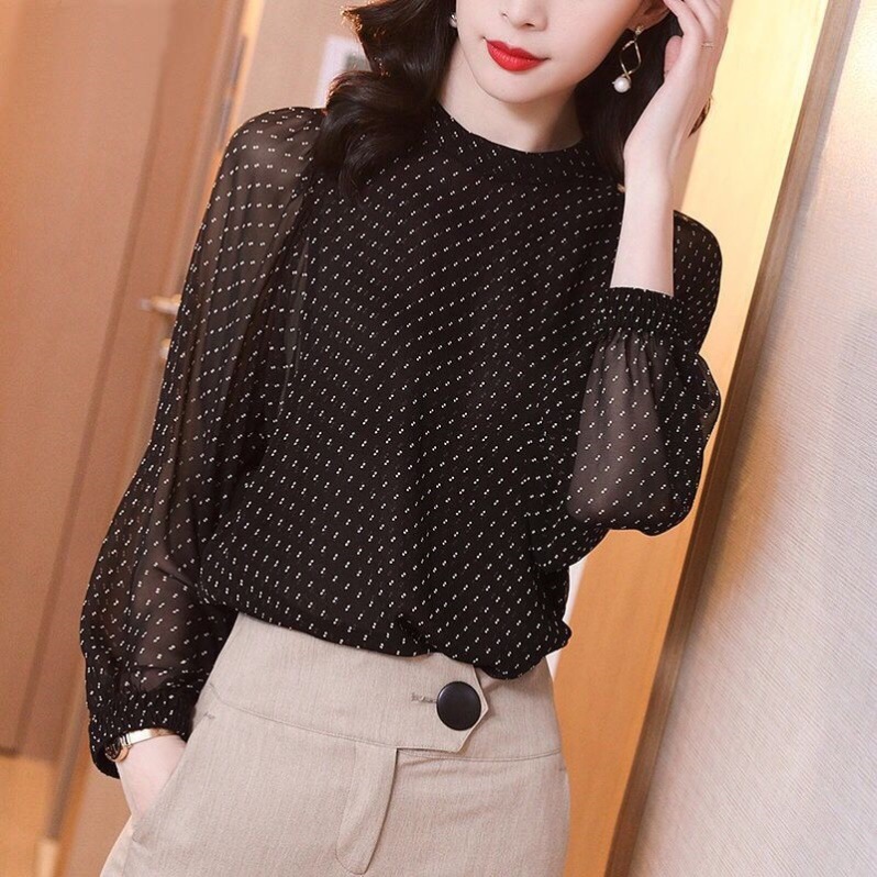真丝衬衫女士2021秋季新款黑色气质波点显瘦灯笼长袖桑蚕丝上衣潮