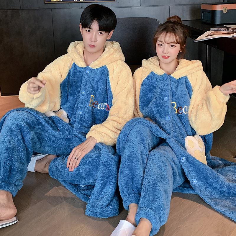 浴袍情侣装卡通可爱加厚保暖睡衣加厚边帽长毛绒加长款睡袍套装冬