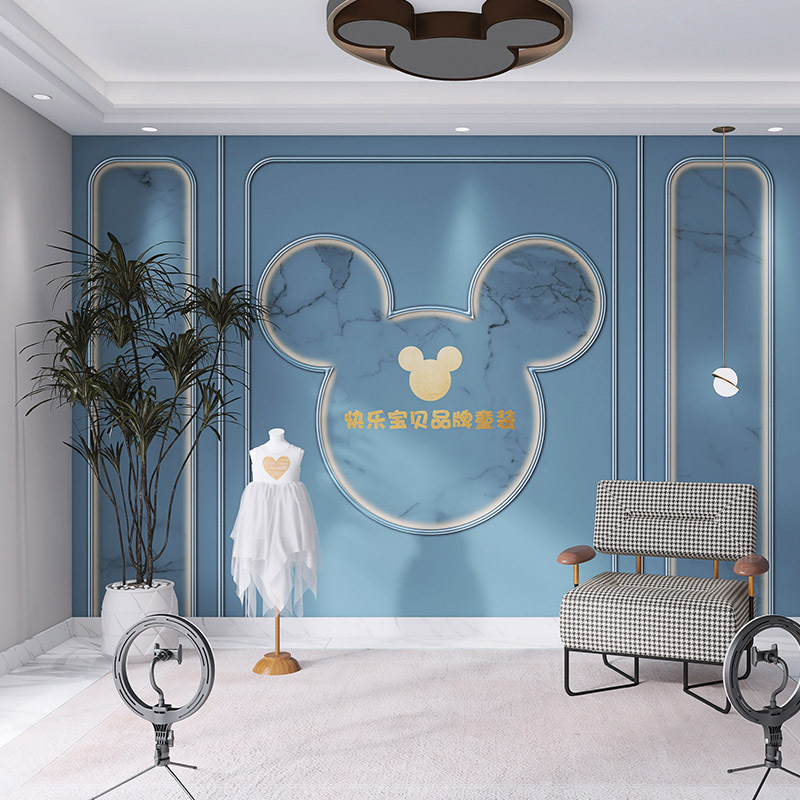3d母婴店直播带货背景墙壁纸童装服装店直播间墙纸轻奢石膏线墙布