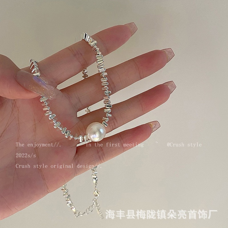 Women's Silver-Broken Two Small Square Pearl Necklace Original Irregular Design Clavicle Chain Fashion Retro High-End Necklace