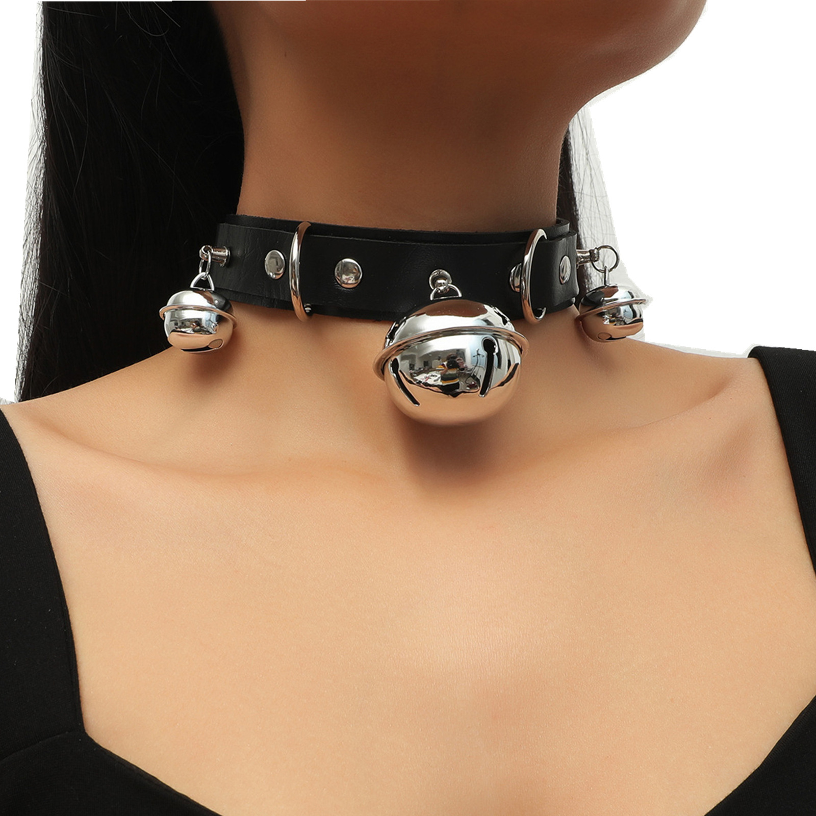 夸张黑色pu皮项圈项链铃铛链条圈 chockers for womens 亚马逊货