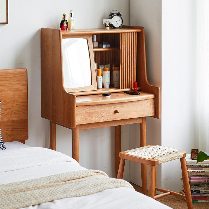 樱桃木实木梳妆台北欧简约卷帘日式化妆台卧室原木小户型化妆桌