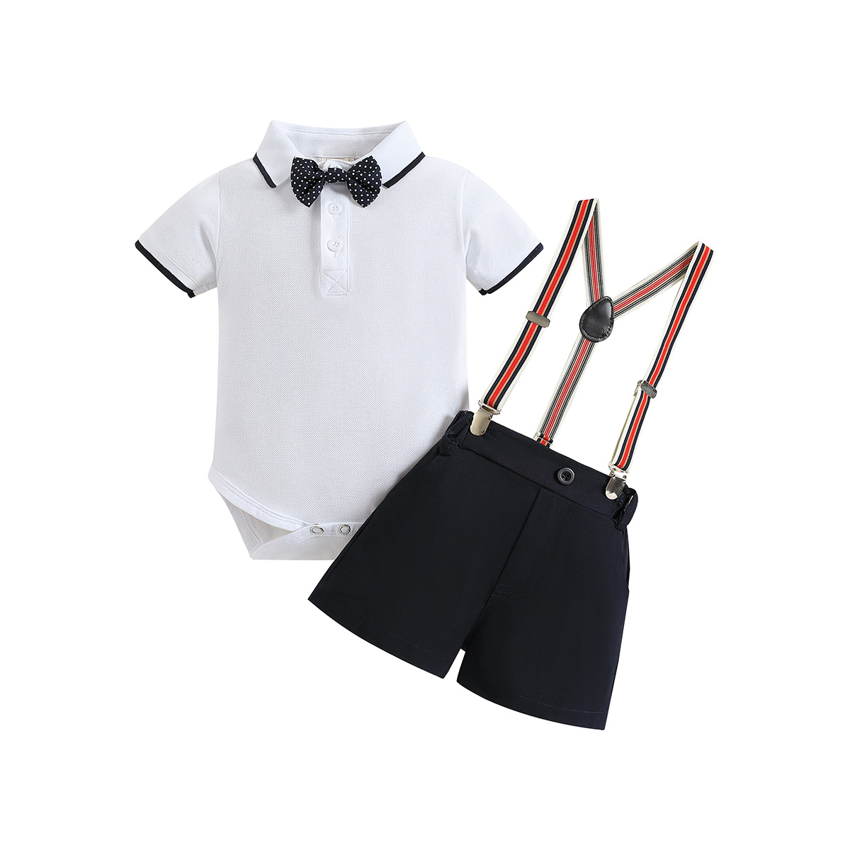 Ins Baby Suit Spring Summer New Short Sleeves Romper + Suspender Shorts Three-Piece Suit Trendy Boy One Year Old Celebration Dress