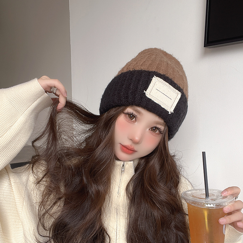 Knitted Hat Women's Autumn and Winter Warm Hat Korean Style Versatile Fashion Sticker Cloth Label Cold-Proof Woolen Cap 2023 New