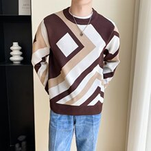 个性几何图案撞色针织衫毛衣男士时尚潮流百搭休闲圆领套头上衣潮