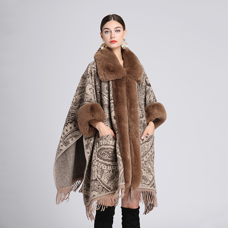 667# European and American Autumn and Winter New Imitation Rex Rabbit Fur Collar Shawl Cape Jacquard Loose-Fitting Tassel Oversized Woolen Coat Female