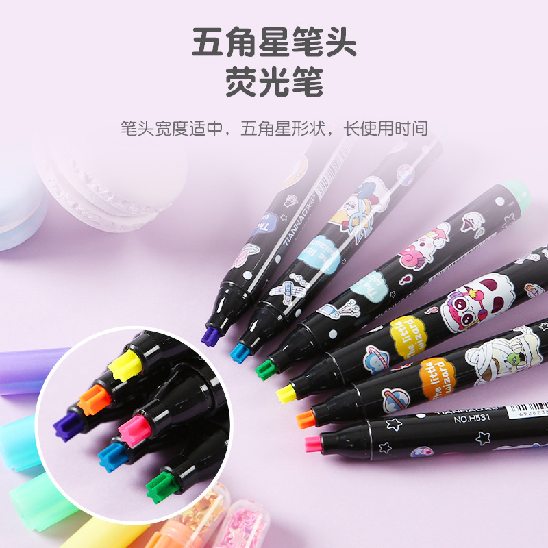 H531 Little Devil Pentagram Pen Head Fluorescent Pen Student Journal Marker Thick and Thin Double-Line Writing Pen