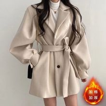 夹棉加厚韩版秋冬装宽松中长款呢子大衣女西装领小个子毛呢外套女