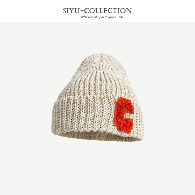 New Korean Style Ins Letter C Female Woolen Cap Autumn Winter Hat Female Solid Color Beanie Hat Fashion All-Matching Knitted Hat Male