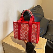 红色质感冬季撞色包女包包包手提包2024休闲女刺绣金婚包托特新款