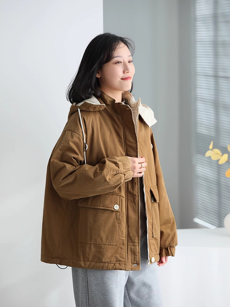 衔棉夹棉外套女连帽休闲百搭宽松显瘦冬季御寒防风加厚棉服-阿里巴巴