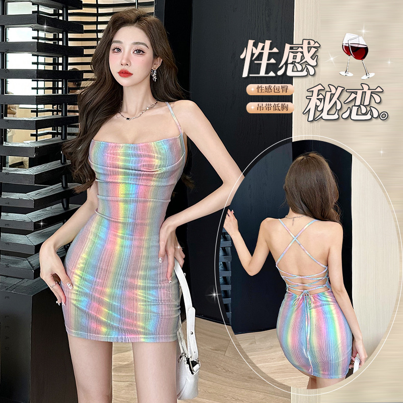 sexy lingerie sexy temperament hot girl gradient rainbow slim strap backless lace up dress 5489