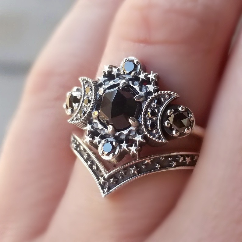 Chino Cross-Border Gothic Universe Moon Engagement Ring Set Moon and XINGX Black Ring Jewelry