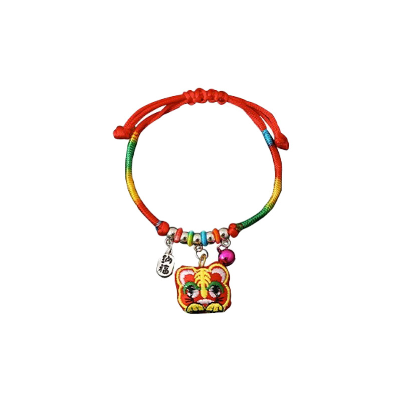 Dragon Boat Festival Zongzi Colorful Braided Rope Handmade Tiger Embroidery Safe Red Rope Children Bell Carrying Strap Wholesale