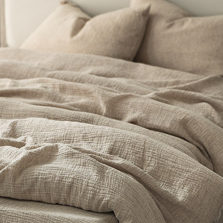 面料创新素色棉麻双层纱床单四件套简约高级感被套全棉床上用品