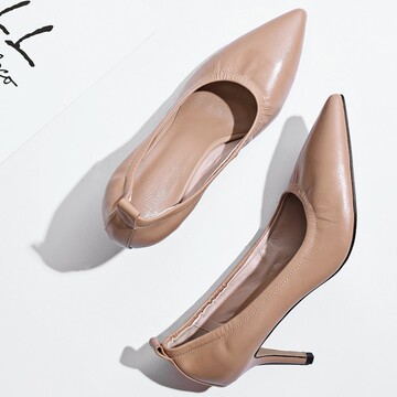 裸色松紧口女单鞋尖头真皮高跟鞋ol优雅通勤上班鞋工作女鞋空姐鞋