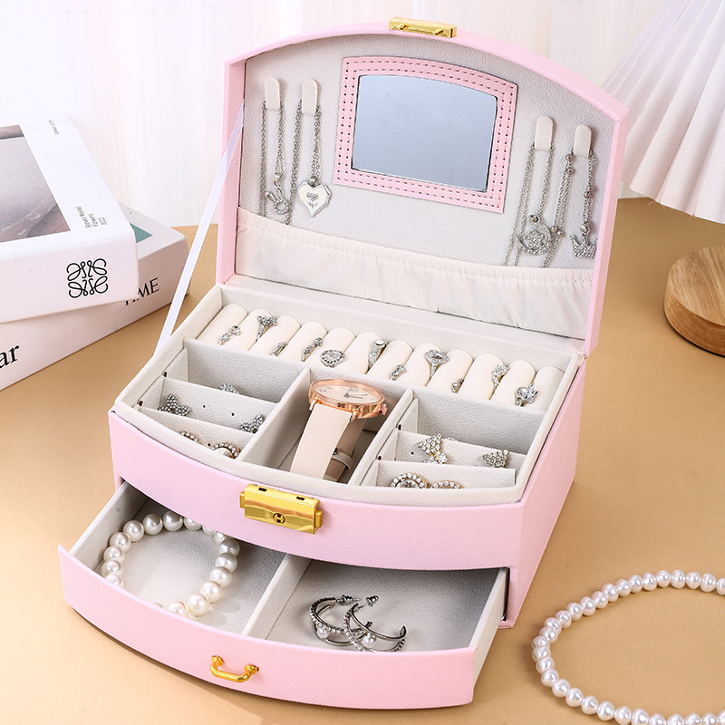 Fan-Shaped Jewelry Box with Lock Double Drawer Children's Jewelry Storage Box Travel Ring Necklace Earrings Jewelry Box