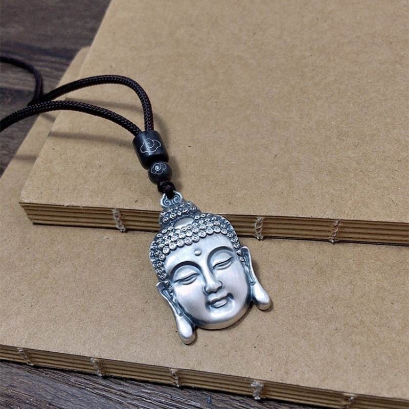 足银s999古法佛头吊坠复古做旧泰银大日如来项坠浮雕如来佛毛衣链